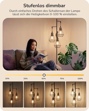 LED торшер Edishine для вітальні, 3 лампи, ретро стиль, диммування, 4W E27, регулювання поворотною ручкою, індустріальний дизайн, металевий абажур-сітка, 2700K, висота 166 см, колір: коричневий