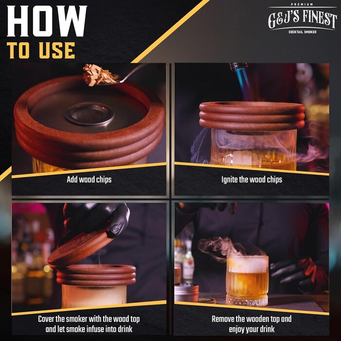 Набір для копчення віскі | Набір для копчення коктейлів з факелом, захистом від обгорання, кришкою, 6 дерев'яними стружками та подарунковою коробкою для копченого Old Fashioned | Набір для копчення бурбону (без бутану) Стандартний