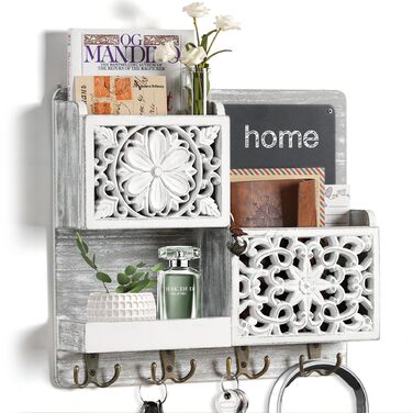 Дерев'яний ключниця з полицею на стіну, органайзер для ключів з 2 відсіками для листів, крейдяною дошкою та 8 гачками, вінтажний білий