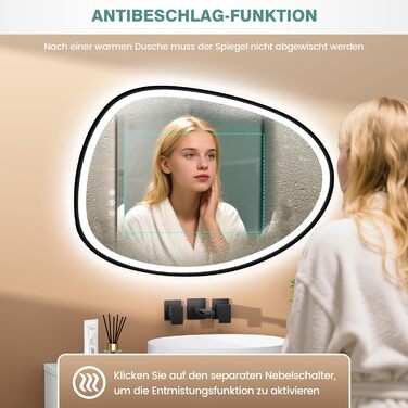 Дзеркало з підсвіткою, асиметричне LED, 75x55 см, з сенсорним вимикачем, антизапар, 3 кольори світла, регулювання яскравості, функція пам'яті, чорний (горизонтальне/вертикальне)