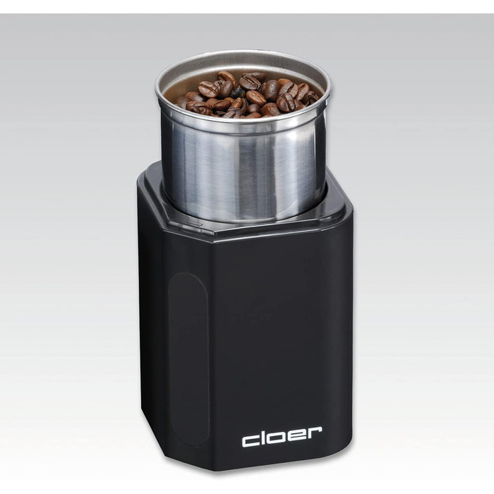 Cloer 7580 Electric Coffee and Spice Grinder, 200 W, for Pesto, Nuts and Grains, up to 70 g Coffee Beans, Removable Stainless Steel Container, Black