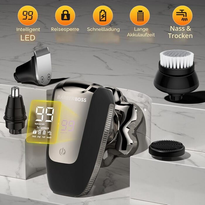 BarberBoss QR-2025 Електричний Роторний Бритва для Гоління Голови 7D, 5-в-1 з LED-дисплеєм, Триммер для Бороди та Носа, Набір для Догляду за Обличчям
