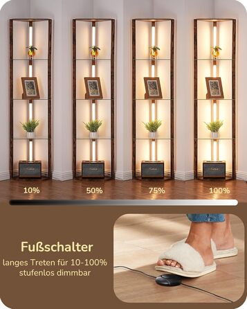 Стійка лампа EDISHINE з 4 полицями з дерева, LED диммер, 3 кольори світла, поворотний світловий маніпулятор, підсвічування полиць, регулювання яскравості, футовий вимикач, для вітальні (Вінтаж-коричневий+скло)