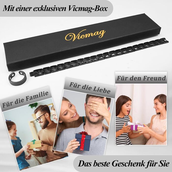 Браслет магнітний чоловічий Vicmag з титанової сталі, подвійний ряд магнітів, регулюється, з подарунковою коробкою (однорядний, чорний)