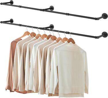 Yawinhe Industrial Pipe Clothes Racks, 180cm Clothes Rail for Wall, Space-Saving Wall Shelf Kitchen Shelf with 3 Bases, for Business, Black, YMG004 (2-Pack)