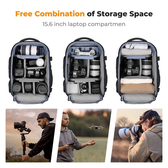 Фоторюкзак K&F Concept 25L: Водонепроникний рюкзак для фототехніки з захистом від дощу, відділенням для ноутбука 16 дюймів (чорний)