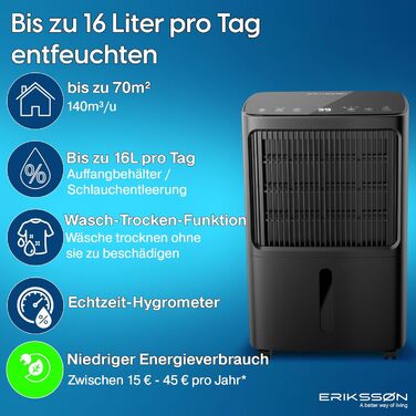 Зволожувач повітря Erikssøn з LED дисплеєм, таймером та захистом для дітей | видаляє 16 л вологи на добу | для приміщень до 140 м³ (70 м²) | енергоефективний зволожувач з датчиком вологості, білий (чорний)