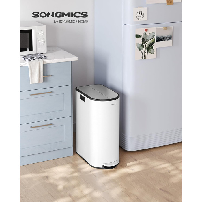 Сміттєве відро SONGMICS для кухні з сортувальником, 30 л + 20 л, 2 відділення, з педаллю, білий + металік срібло