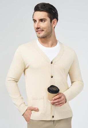 Чоловічий светр з V-подібним вирізом KUYIGO, в'язаний, з ґудзиками, з кишенями, легкий, м'який, apricot (3XL, XL)