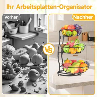 PouHenier 5-ярусная фруктова корзина для кухні, металева етажерка для фруктів та овочів, з тримачем для бананів, чорного кольору