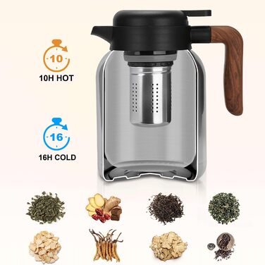 VETIN Thermos Flask with Tea Infuser 1.5L, Double-Walled 304 Stainless Steel Insulated Carafe, Tea Pot Thermo with Temperature Indicator, Coffee Pot Thermo 10h Heat/16h Cold