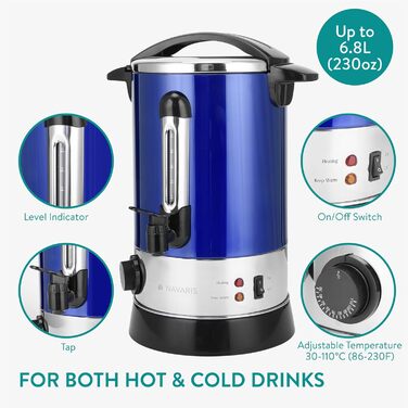 Navaris Mulled Wine Warmer/Hot Water Dispenser - Stainless Steel - with Thermostat, Level Indicator, and Tap - Mulled Wine/Hot Beverage Dispenser (6.8L, Blue)