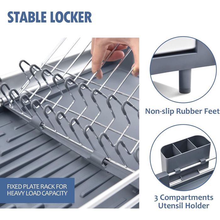 Стійка для посуду KINGRACK: розширювана, з нержавіючої сталі, з підставкою для столових приборів, антиковзаюча, сірого кольору