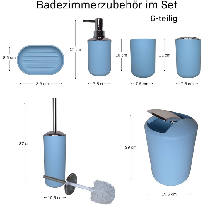 Набір аксесуарів для ванної кімнати 6 предметів, пластик, блакитний: туалетний йоржик, кошик для сміття, стакан для зубних щіток, мильниця, дозатор для мила, декоративна тарілка