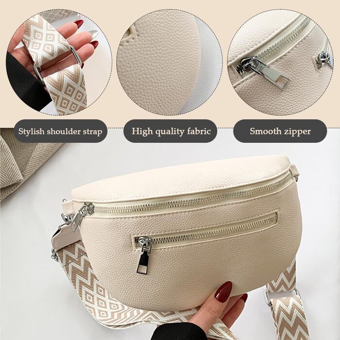 Жіноча сумка через плече з відділенням для дрібних грошей, шкіряна бананка, середнього розміру, з широким регульованим ремінцем. Ідеальна для фестивалів, подорожей та повсякденного використання. Білий колір.