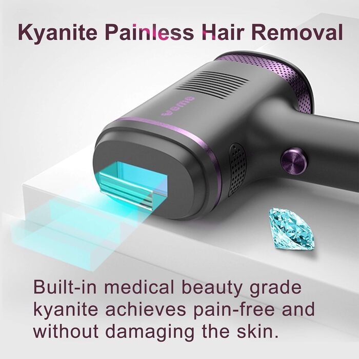 Пристрій для епіляції IPL з сапфіровим наконечником, охолодженням та 500 000 імпульсів світла. 2 насадки для обличчя, тіла, зони бікіні та пахв. Постійне видалення волосся. Violett