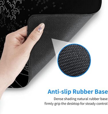 Килимок для миші для геймінгу, чорний, з принтом «Хвиля Канадзи», 80 x 30 см, з гумовою основою, водонепроникний, з прошитими краями