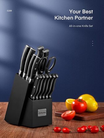 D.Perlla Self-Sharpening Knife Block Set - 14 Piece Stainless Steel Knife Set with Plastic Handle & Wood Block - Professional Kitchen Knife Set