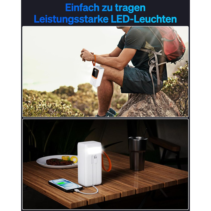 Портативний зарядний пристрій Power Bank 50000mAh з інтегрованим кабелем: швидка зарядка 22,5W, велика ємність, LED-ліхтарик, 7 виходів & 3 входи, 2x25000mAh, білий