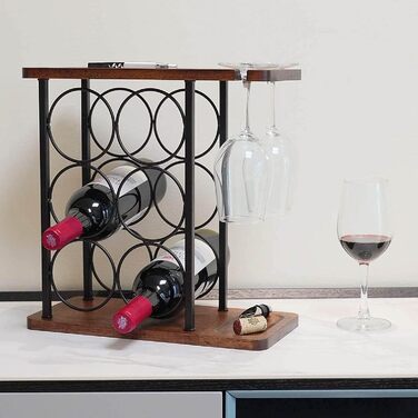 Wine rack with glass holders, tabletop wine holder with tray, freestanding wooden wine rack, perfect for home decor & kitchen storage rack, etc. (holds 6 bottles and 2 glasses)