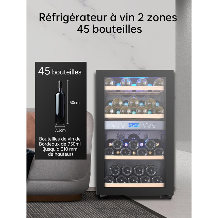 Kalamera 45 Bottle Dual Zone Wine Refrigerator - 120 Liter Capacity with LCD Display