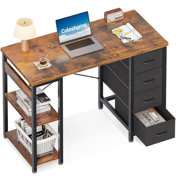 Компактний письмовий стіл Coleshome з 4 висувними ящиками, 100x40 см, з полицями, для офісу, кабінету, спальні (колір: коричневий)