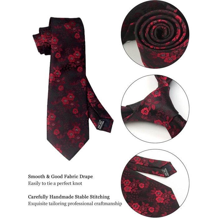 Чоловічий краватковий комплект: краватка з квітковим візерунком пейзлі, нагрудна хустинка, затискачі для краваток та запонок. Чорно-червоний колір, подарункова коробка.
