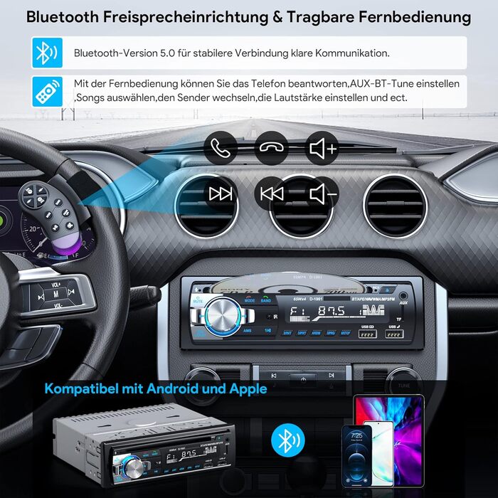 Автомагнітола CENXINY 1 DIN з Bluetooth, CD, RDS, FM/MP3, 2 USB для музики та зарядки, гучний зв'язок