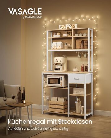 Стелаж кухонний VASAGLE з розетками, 40 x 100 x 180,4 см, 12 гачків, антрацит-чорний, з регульованими полицями та висувною шухлядою