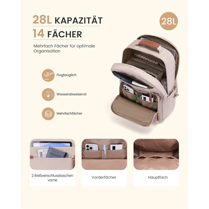 LOVEVOOK Рюкзак для ноутбука, водонепроникний, 15.6 дюймів, для роботи, школи, підлітка, велика пляшка води, елегантний, для роботи, навчання, подорожей, 15.6' (17', абрикозово-коричневий)