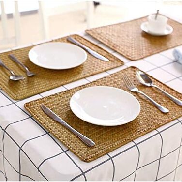 Set of 6, Rectangular Placemats made of Natural Seagrass, 43 x 30 cm, Woven Rattan Placemats for the Dining Table