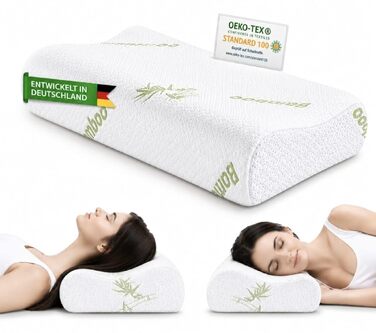 Ортопедична подушка з ефектом пам'яті (Memory Foam) з бамбуковим чохлом, ергономічна підтримка шиї для будь-якої пози сну, біла, 60x40x12/10 см