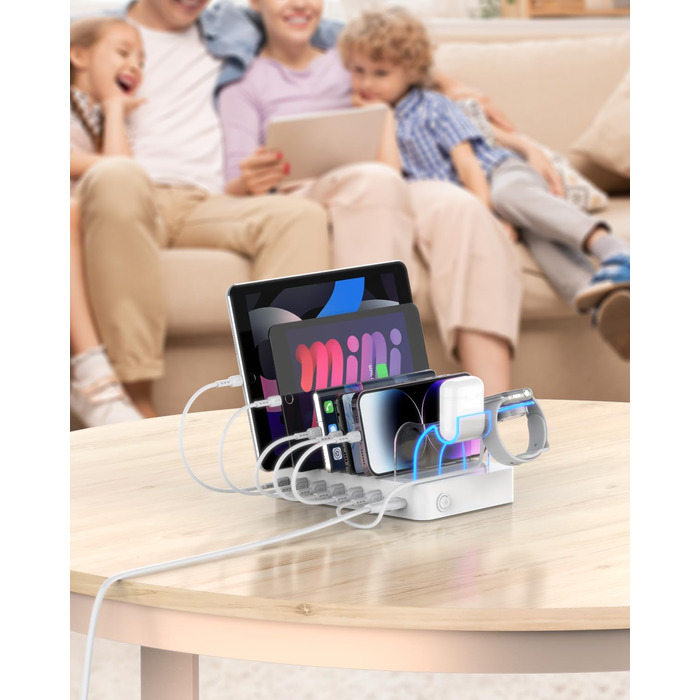 Зарядна станція SooPii USB 60W/12A, 6 портів з PD 20W для iPhone/Samsung, тримач для Apple Watch, 6 кабелів у комплекті - біла