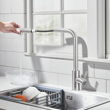 Кран кухонний Rozin чорний матовий з висувною лійкою 360° для мийки, з двома режимами, з донним клапаном