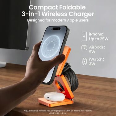 MagSafe зарядна станція 3-в-1: бездротовий зарядний пристрій 25W для iPhone 12-17, Apple Watch, AirPods (Qi, складна, помаранчева)