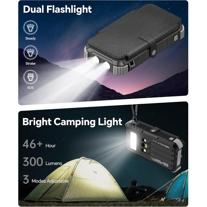 Сонячний Power Bank 26800mAh з 5 виходами USB та USB-C, водонепроникний, з ліхтариком та карабіном, для кемпінгу та зарядки телефонів/планшетів (сірий)