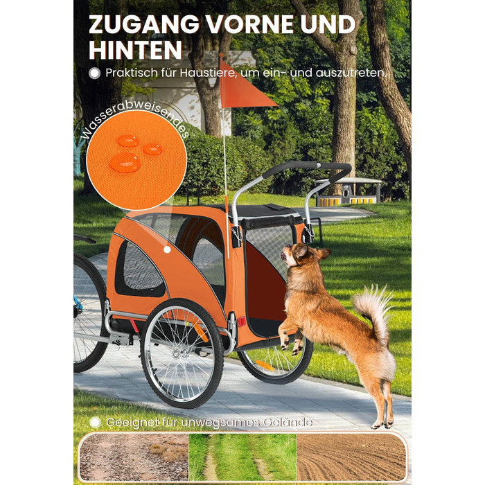 SEPNINE® Велосипедна причепа для собак XL, 2-в-1: причеп та візок для собак з відбивачами та гальмом, матеріал: 600D Oxford Canvas, максимальне навантаження 40 кг, помаранчевий колір