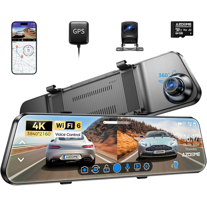 Dashcam AZDOME PG17 4K: Дзеркало заднього виду з відеозаписом, WiFi, GPS, нічне бачення, голосове керування, 64GB карта в комплекті