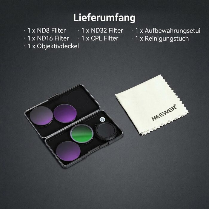Набір фільтрів NEEWER CPL + ND для DJI Osmo: CPL, ND8/16/32/64/1000. Набір з 4 шт. з кришкою для об'єктива.