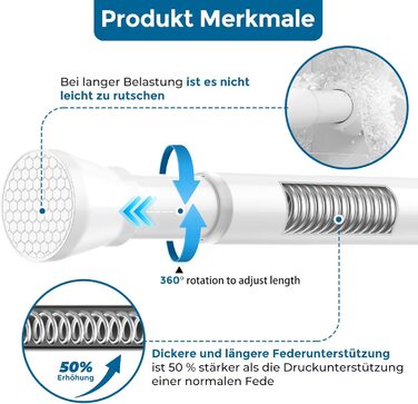 Штанга для карнизів AIZESI без свердління, 70-130 см, телескопічна, біла (діаметр 22 мм)