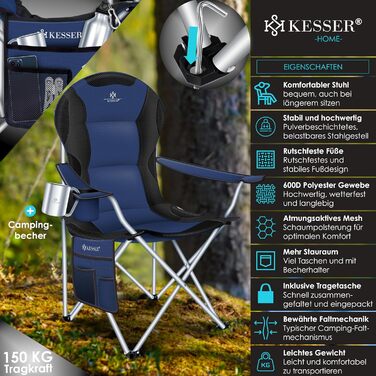 Крісло кемпінгове складне KESSER® до 150 кг, з підлокітниками та підсклянником, висока спинка, сіре (Navyblau / Чорний)