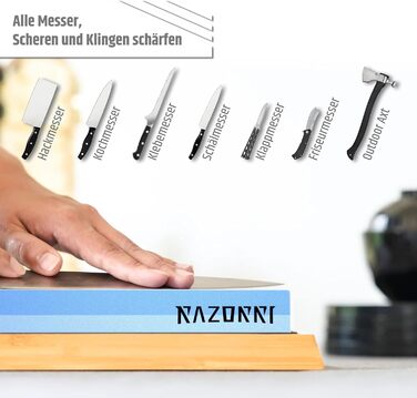 Набір алмазних точильних каменів Razorri (400/1000, 3000/8000 grit) з правильним каменем, кутовою наставкою, бамбуковою основою та шкіряним ременем для заточування та полірування металевих лез. Преміум-набір