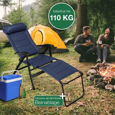 ELONEO Folding Camping Chair with Removable Footrest, Folding Chair made of Aluminum, Folding Garden Chair, Reclining Chair with Adjustable Backrest, Camping Chair (Folding Chair with Footrest (with Premium Cushion), Blue)