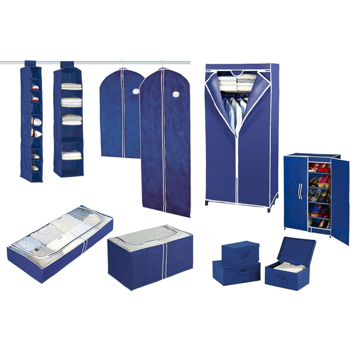 WENKO Air Wardrobe, practical fabric wardrobe for dust-free storage of textiles, stable metal frame, easy assembly, breathable non-woven material, 75 x 150 x 50 cm, Navy (with shelf)