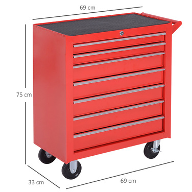 DURHAND Tool Chest, 2 small & 5 large drawers, steel, up to 150 kg, 69 x 33 x 75 cm, Red