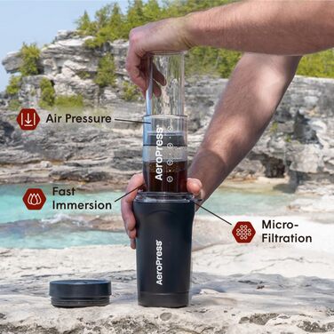 AeroPress Go Plus – портативна кавоварка 3-в-1 для подорожей і кемпінгу, французький прес, пуровер, еспресо, насичена кава без гіркоти, чорна