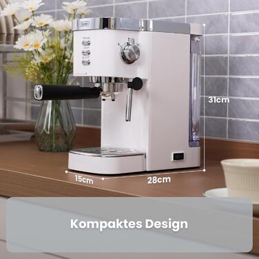 Еспресо-кавоварка Gevi 20 Бар з професійним капучинатором, 1350 Вт, 1,2 л, вузька 15 см, біла – для приготування капучино, латте, макіато