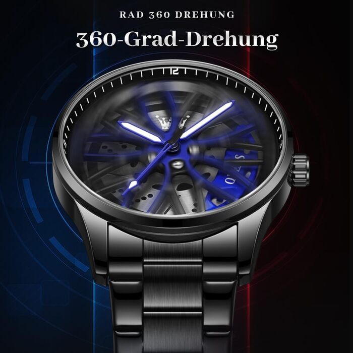 Чоловічий годинник OLEVS Quartz (9937 Blau) — Спортивний сталевий годинник з дизайном автоколеса, водонепроникний, з підсвічуванням циферблата