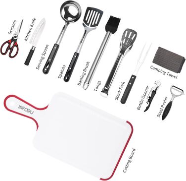 Набір кухонного приладдя для кемпінгу ISFORU 12шт: сковорода, ніж, лопатка, щипці, шумовка, дошки для нарізання. Чорний колір. Ідеально для пікніків, подорожей та походів