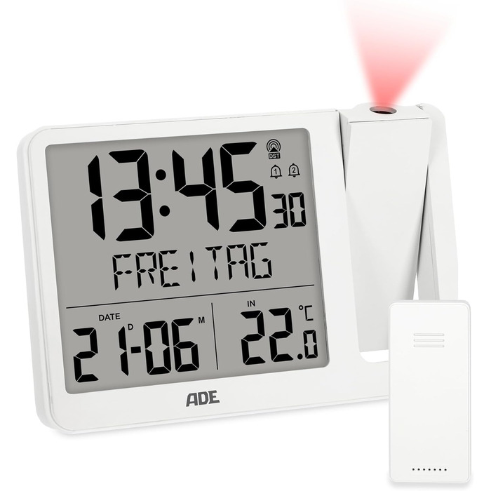 Digital Radio Alarm Clock with Projection and Outdoor Sensor | Projection Alarm Clock with 2 Alarm Times | Clock with Temperature Display, Date, and Day of the Week | Includes Power Cable | White